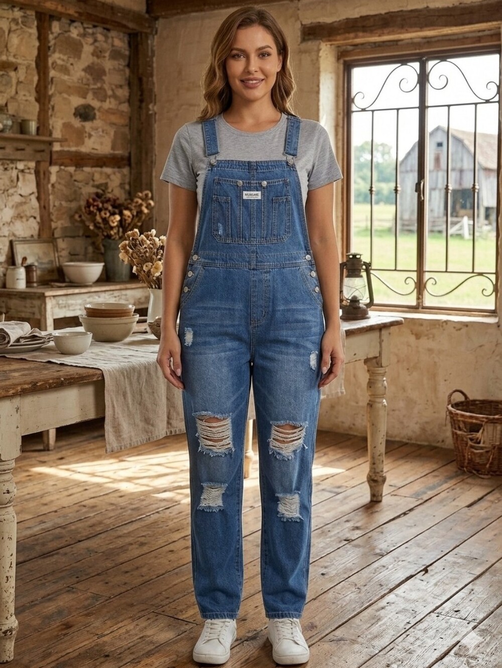 MISSLOOK Distressed Denim Overalls Blue Size XL